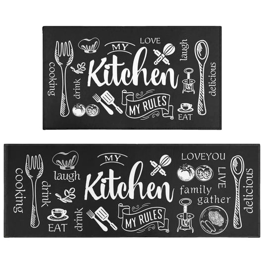 Twyt decor Black Kitchen Rugs and Mats Set of 2 Kitchen Utensil Non-Slip Washable Mat Black Farmhouse Kitchen Decor Anti-Fatigue Rug for Kitchen Sink Laundry Room 17x30+17x47 Inch
