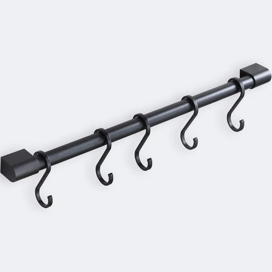 MIAOHUI Kitchen Rail with Hooks Pan and Pot Hangers for Kitchen Wall Mount Kitchen Utensil Rack with Removable S Hook Aluminum (17.3inch_Black_5Hooks)