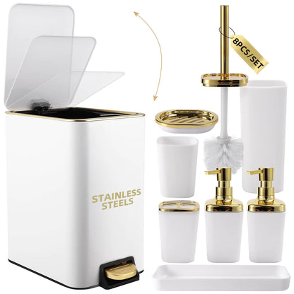 Opulent 8-Piece Bathroom Accessories Collection in White & Gold – Timeless Luxury for Your Home