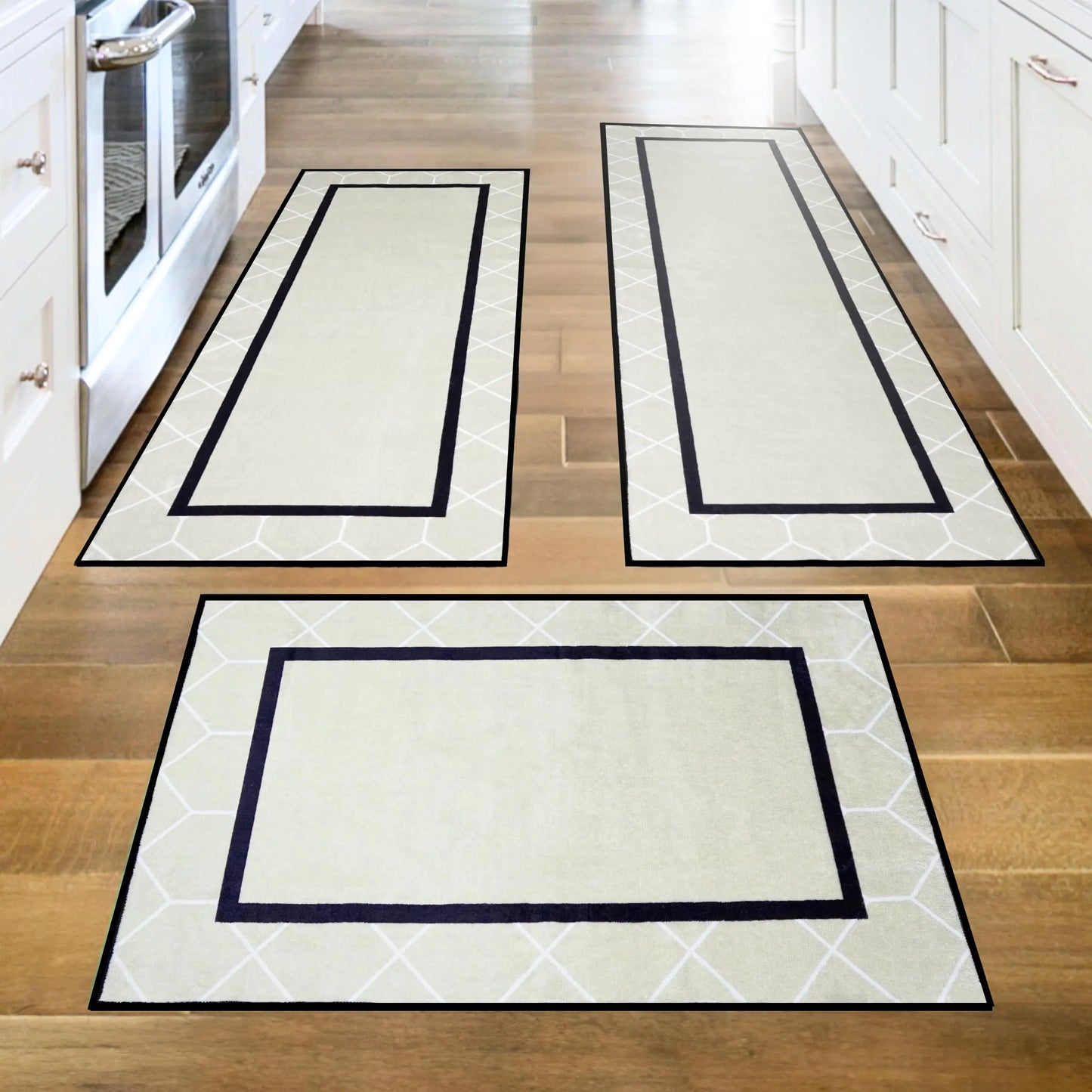 Modern Beige Kitchen Rug Set – 3-Piece Non-Slip Floor Mats – Boho Farmhouse Runner Rugs